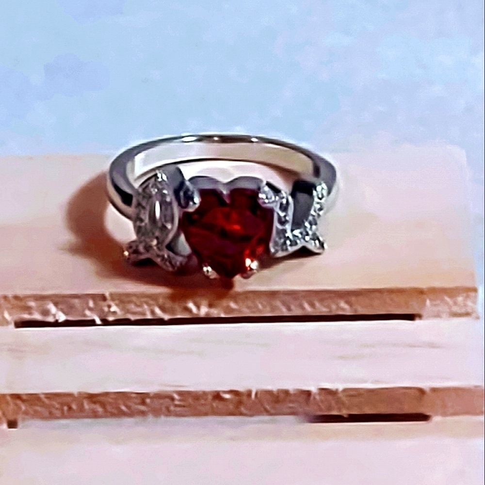 SPINEL HEART I LOVE U RHODIUM PLATED STAINLESS STEEL RING WOMEN'S SIZE 7